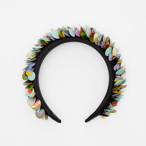 ZARA Padded Headband XL Wide Large Sequin Multicolored Green Rainbow Size Medium - Picture 2 of 12